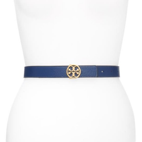 Tory Burch Reversible Logo WIDE 1 1/2" Belt Blue Brown - Picture 3 of 7
